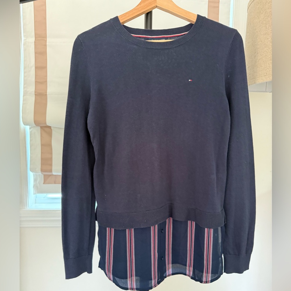 Tommy Hilfiger Navy Crewneck Sweater with Faux Striped Shirt Combo